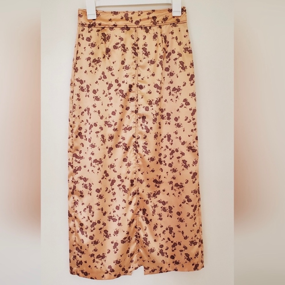 Zara gold / brown floral satin midi skirt with side slit - Picture 6 of 13